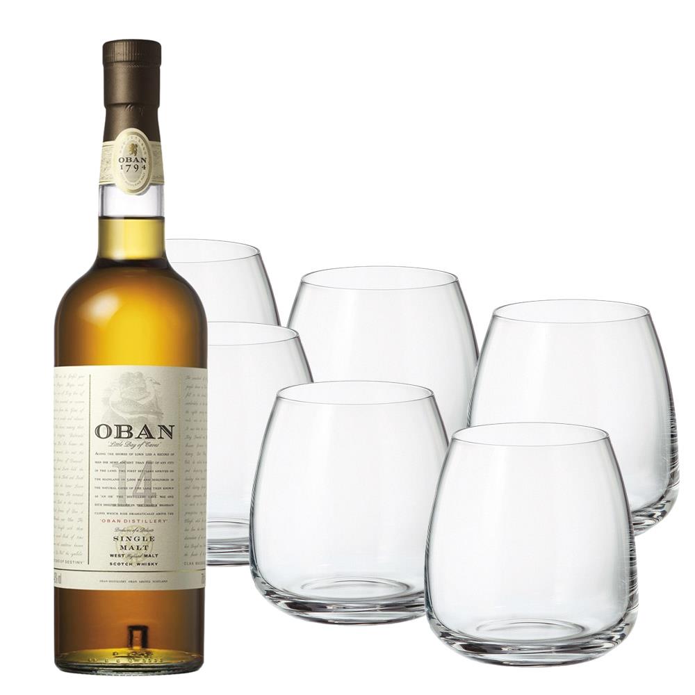 Oban 14 Year Old Single Malt Scotch Whisky with Six Bohemia Anser Tumblers